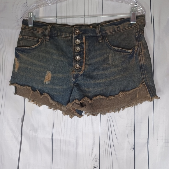 Free People Distressed Dark Wash Denim Shorts - Picture 1 of 12